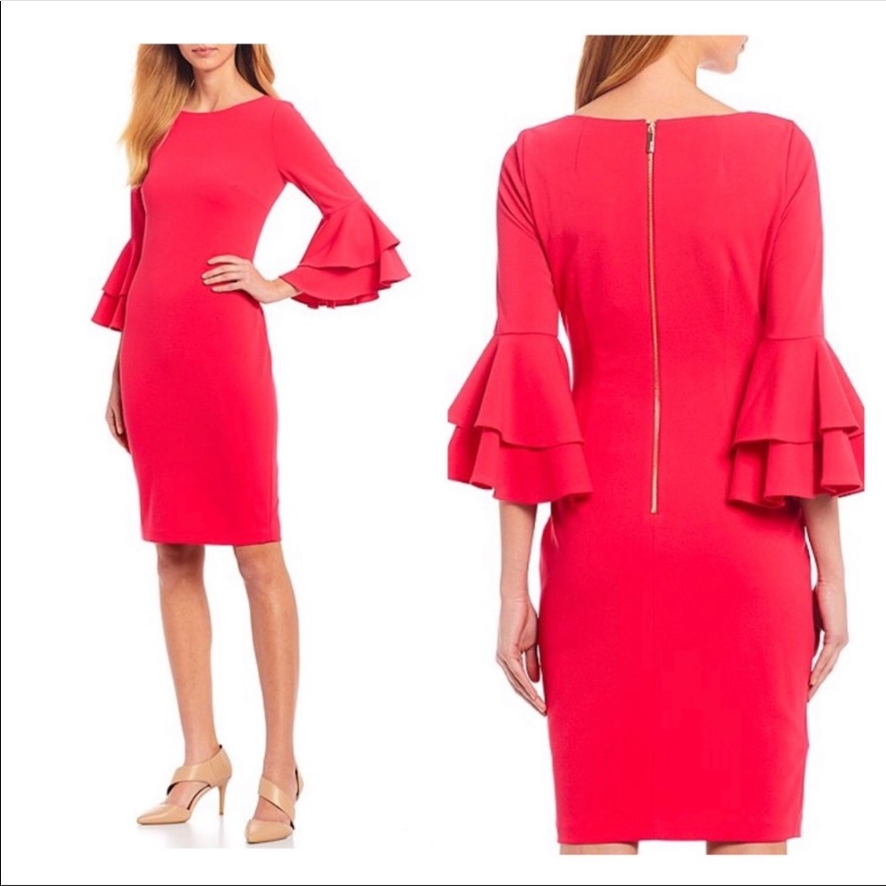 Calvin Klein Scuba Crepe Tiered Bell Sleeve Dress - Picture 2 of 10